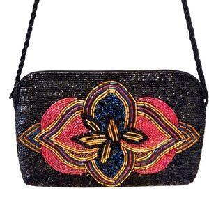 Vintage ADG Fashion Imports Beaded Bag Crossbody Purse Black Red Gold Formal